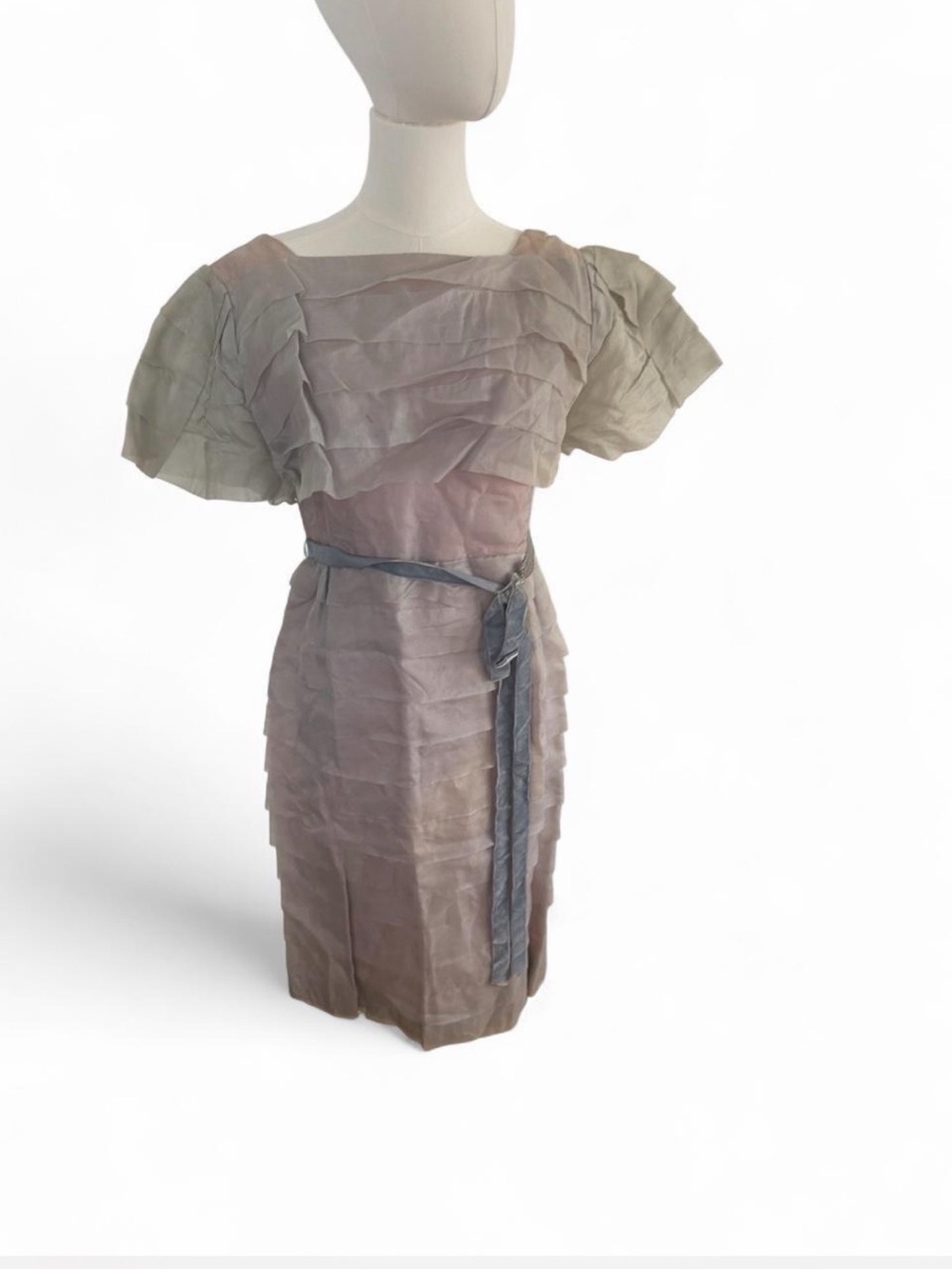 1960s Tiered Puff-Sleeve Cocktail Dress in Taupe with Sash